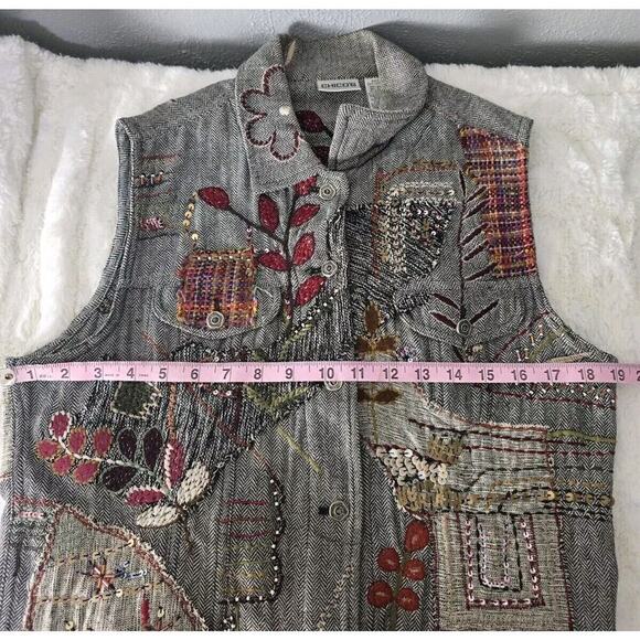 Chico's Embroidered Floral Patchwork Sequins Herringbone Vest Med Artsy Cottage - Picture 4 of 10